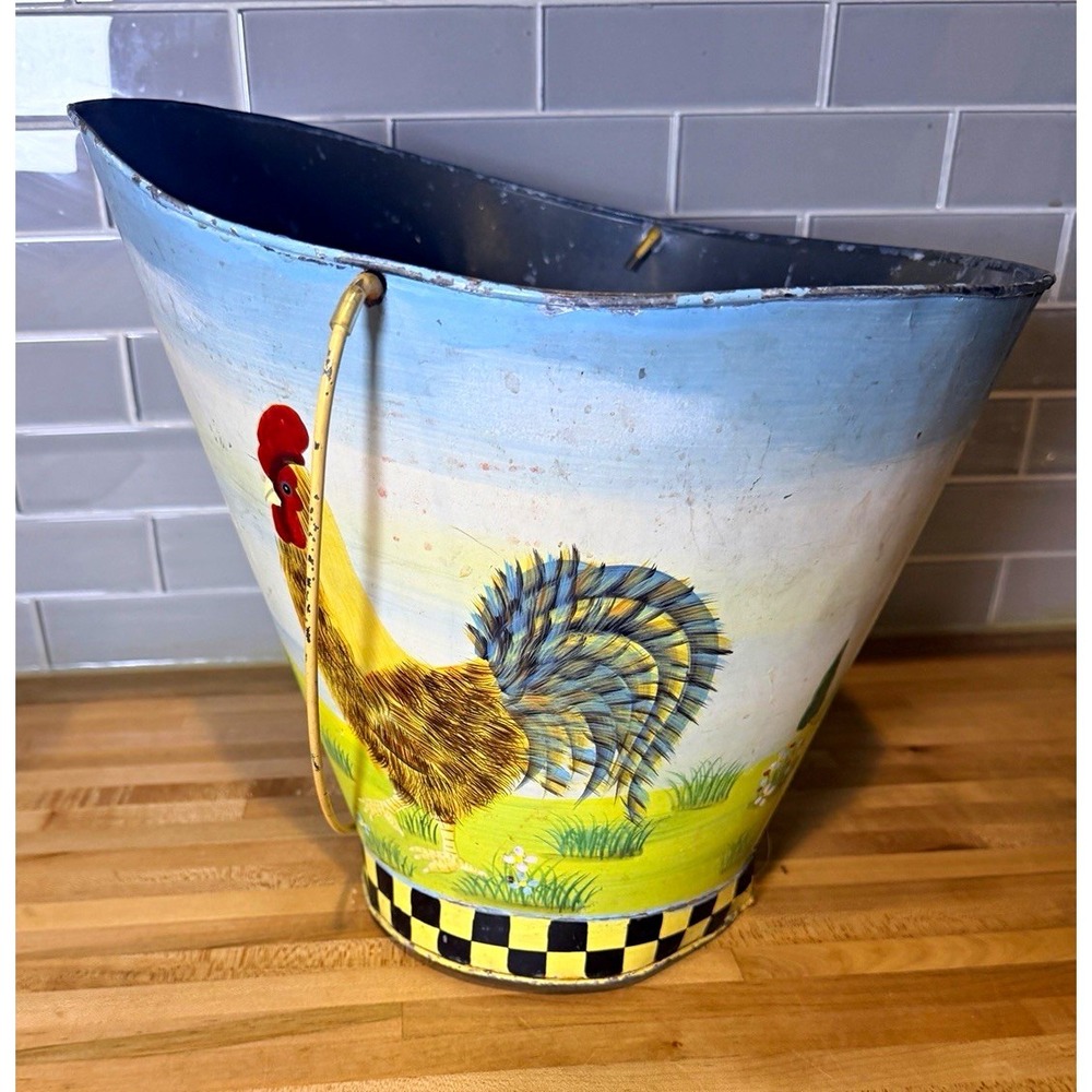 Hand-Painted Rooster Tin Bucket Pail Wire Handle Farmhouse Decor 11in